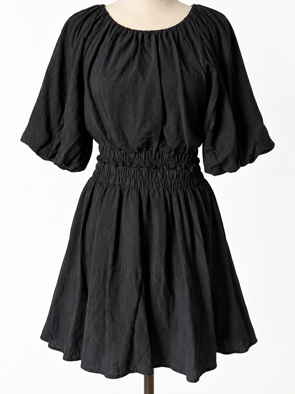 Moon River Black Puff Sleeve Smocked Waist Mini Dress Cutout Back Medium LBD